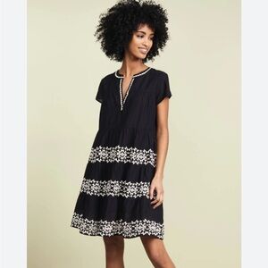 Roller Rabbit Pamela Dress Black White Embroidered Tiered Size S